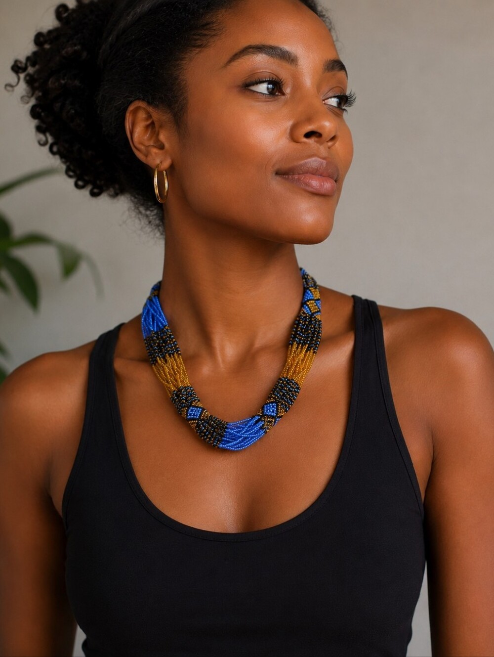 Vintage Artisan Multi-Strand Seed Bead Necklace – Blue Gold Black Statement Jewe